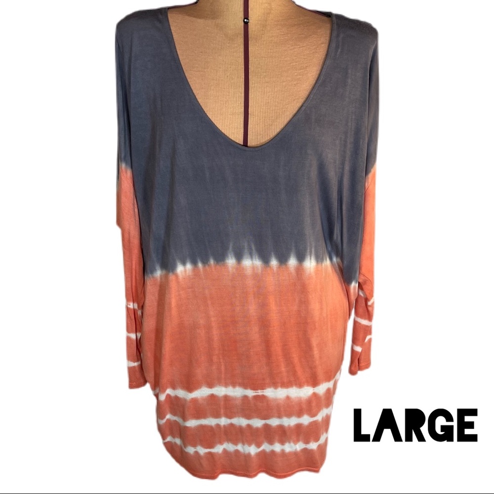 Large Coral, Grey, and White Tie Dip Dye Oversized Dolman Top